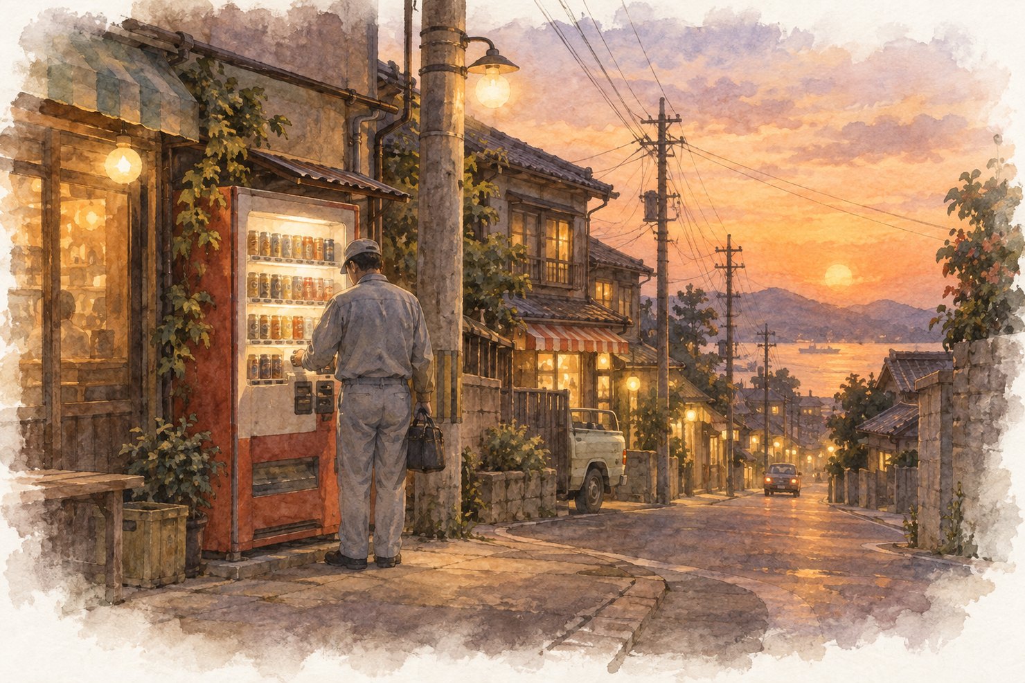 昭和の日本の街角、夕暮れ。店先の自動販売機に缶コーヒーが並び、作業服の人が一本買っている後ろ姿。電柱と電線、遠くに沈む夕日の水彩