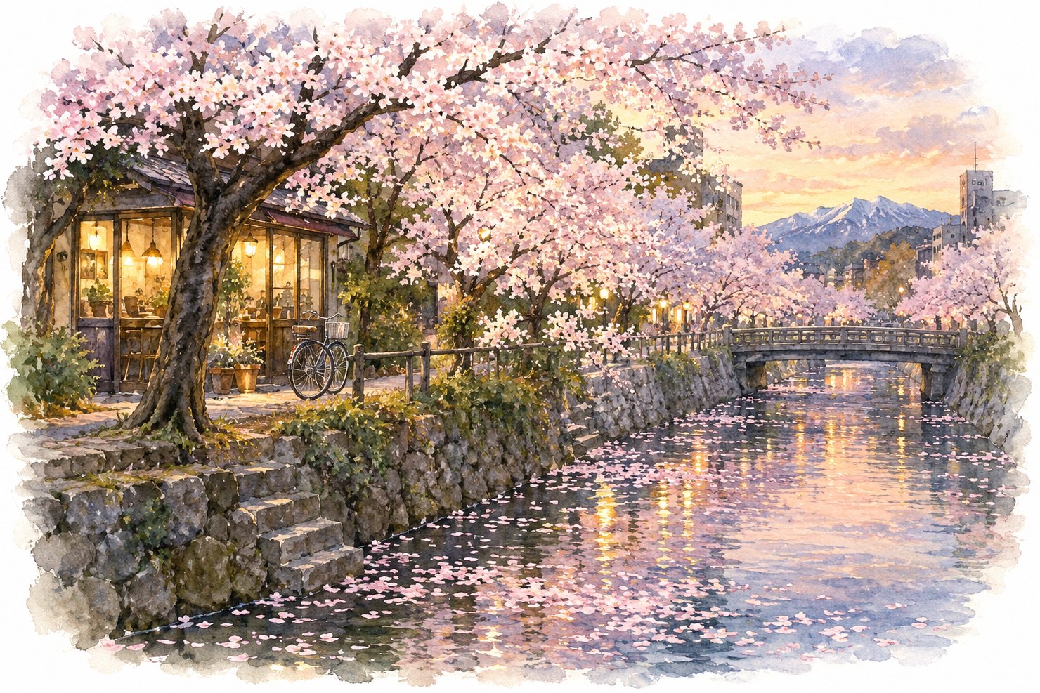 富山・松川沿いの満開の桜並木。石垣の上に小さな喫茶店の灯り、自転車が一台。川面に花びらが散り、奥に石橋と雪の残る山。春の夕方の水彩