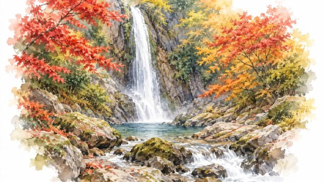 秋の箕面の滝。高い岩壁から白い水が落ち、まわりは赤や黄に色づいたもみじの木々。朝のやわらかい光の水彩