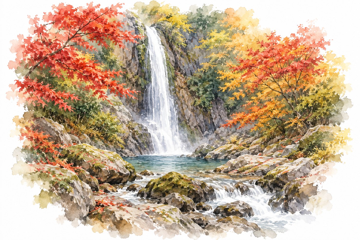 秋の箕面の滝。高い岩壁から白い水が落ち、まわりは赤や黄に色づいたもみじの木々。朝のやわらかい光の水彩