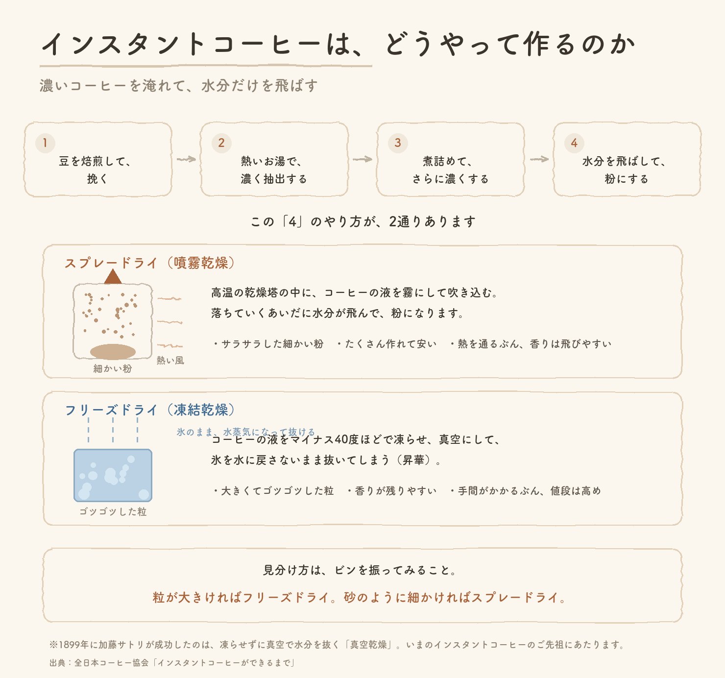 インスタントコーヒーの作り方の図解。豆を焙煎して挽く、熱いお湯で濃く抽出する、煮詰めてさらに濃くする、水分を飛ばして粉にする、の4工程。粉にする方法はスプレードライ(高温の乾燥塔に霧にして吹き込み、細かい粉になる)とフリーズドライ(マイナス40度で凍らせ真空で昇華させ、ゴツゴツした粒になる)の2通り