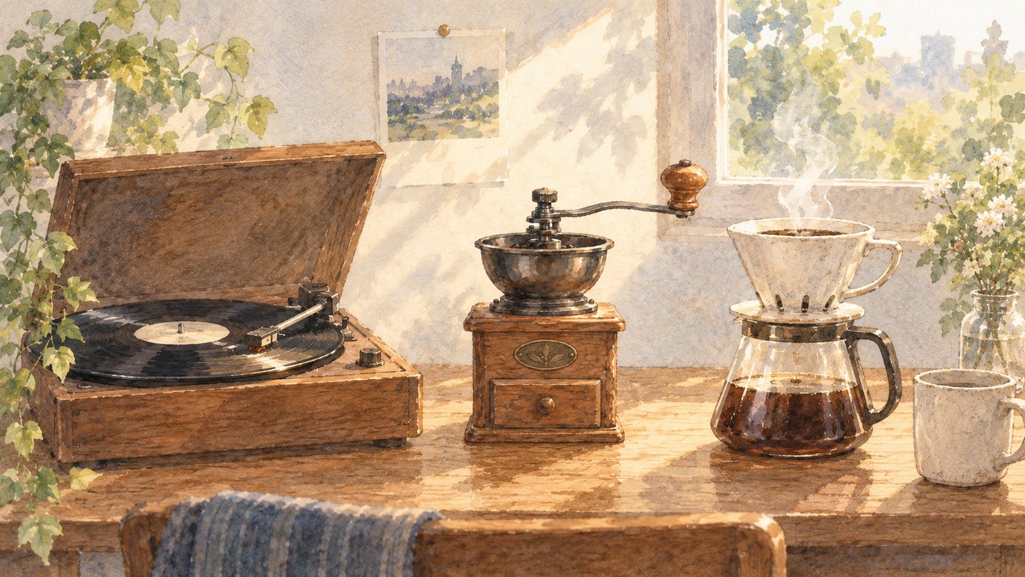 レコードプレーヤーと手回しコーヒーミルとドリッパーが並ぶ、朝の机の水彩イラスト