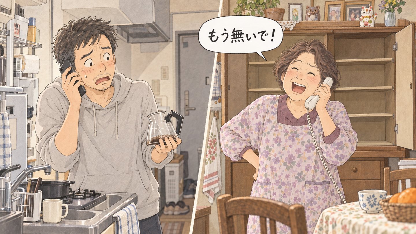 割れたコーヒーサーバーを手に電話する二十代の青年と、電話の向こうで「もう無いで!」と言う母のマンガ風イラスト