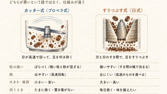 カッター式（プロペラ式）とすりつぶす式（臼式）の違いの水彩図解。粒の揃い、熱、大きさと値段、向くときの対比