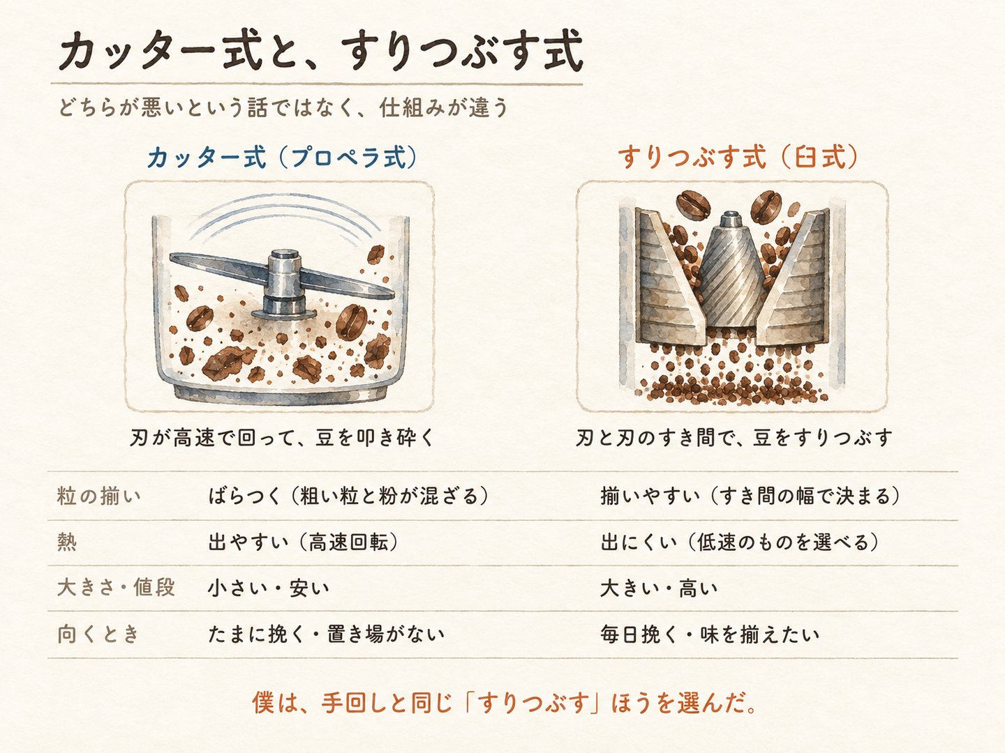カッター式（プロペラ式）とすりつぶす式（臼式）の違いの水彩図解。粒の揃い、熱、大きさと値段、向くときの対比