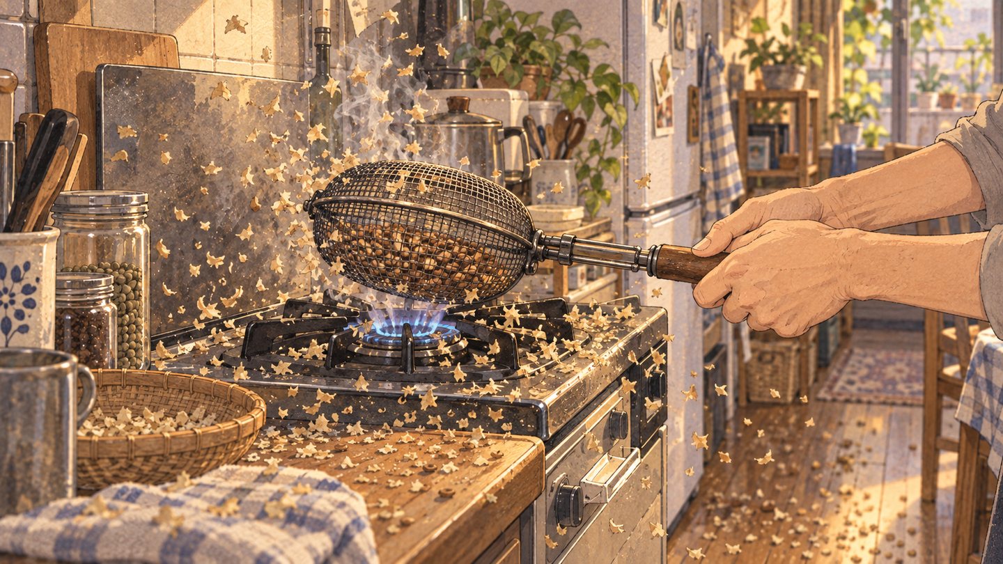 家のコンロで銀杏煎りを振り、チャフがコンロのまわりと床に散らばっている水彩イラスト