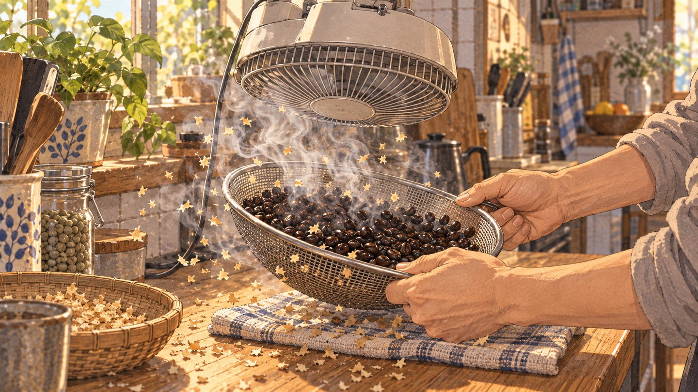 焼きたての豆が入ったザルに小型の扇風機をかぶせて、振りながら冷ましている水彩イラスト
