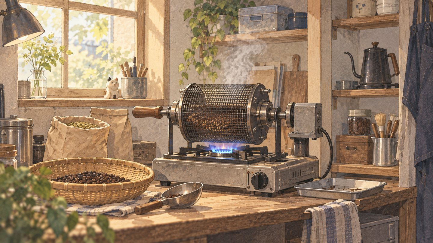 カセットコンロの上で、電動の小さなドラム焙煎機が回っている。横にザルに入った豆と生豆の袋