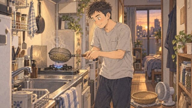 夕暮れの小さなアパートの台所で、ガスコンロの火の上で銀杏煎りを振って生豆を焙煎している二十代の男性の水彩イラスト。足元にザルと小型の扇風機