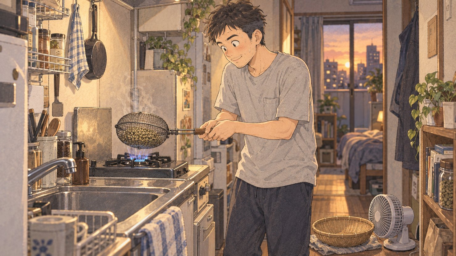 夕暮れの小さなアパートの台所で、ガスコンロの火の上で銀杏煎りを振って生豆を焙煎している二十代の男性の水彩イラスト。足元にザルと小型の扇風機