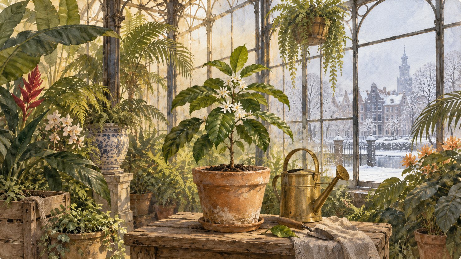 十八世紀初めのアムステルダムの植物園の温室。鉢植えの小さなコーヒーの木、外は雪