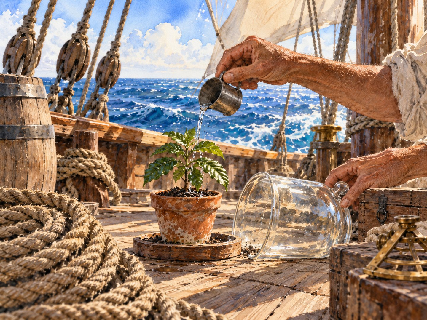 十八世紀の帆船の甲板で、ガラスの覆いを外して横に置き、鉢植えの小さなコーヒーの苗に、手が小さなカップから水を注いでいる水彩