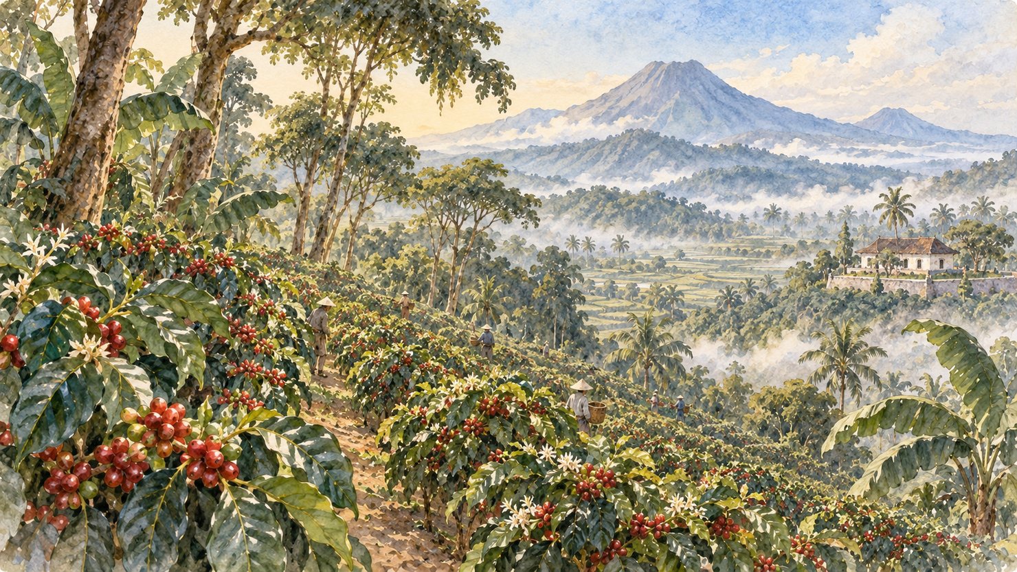 十八世紀のジャワ島の火山のすその斜面に列をなすコーヒーの木と朝霧を描いた水彩