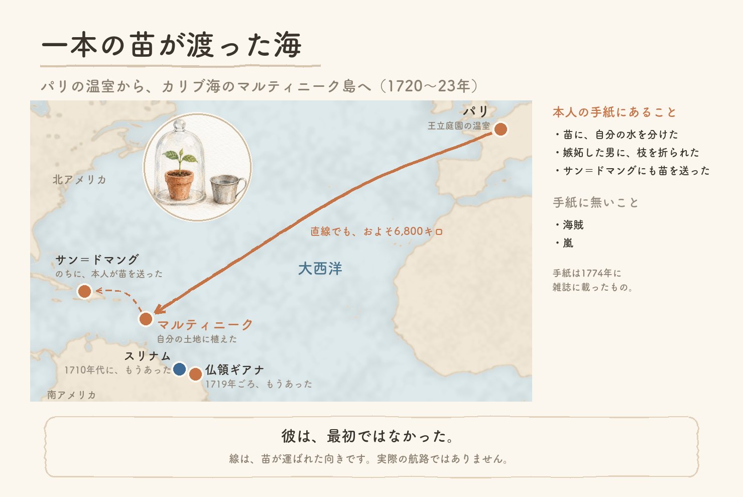 ド・クリューの航海の地図。パリからカリブ海のマルティニーク島へ。スリナムには1710年代、仏領ギアナには1719年ごろ、すでにコーヒーがあった。のちにサン=ドマングへ苗を送った