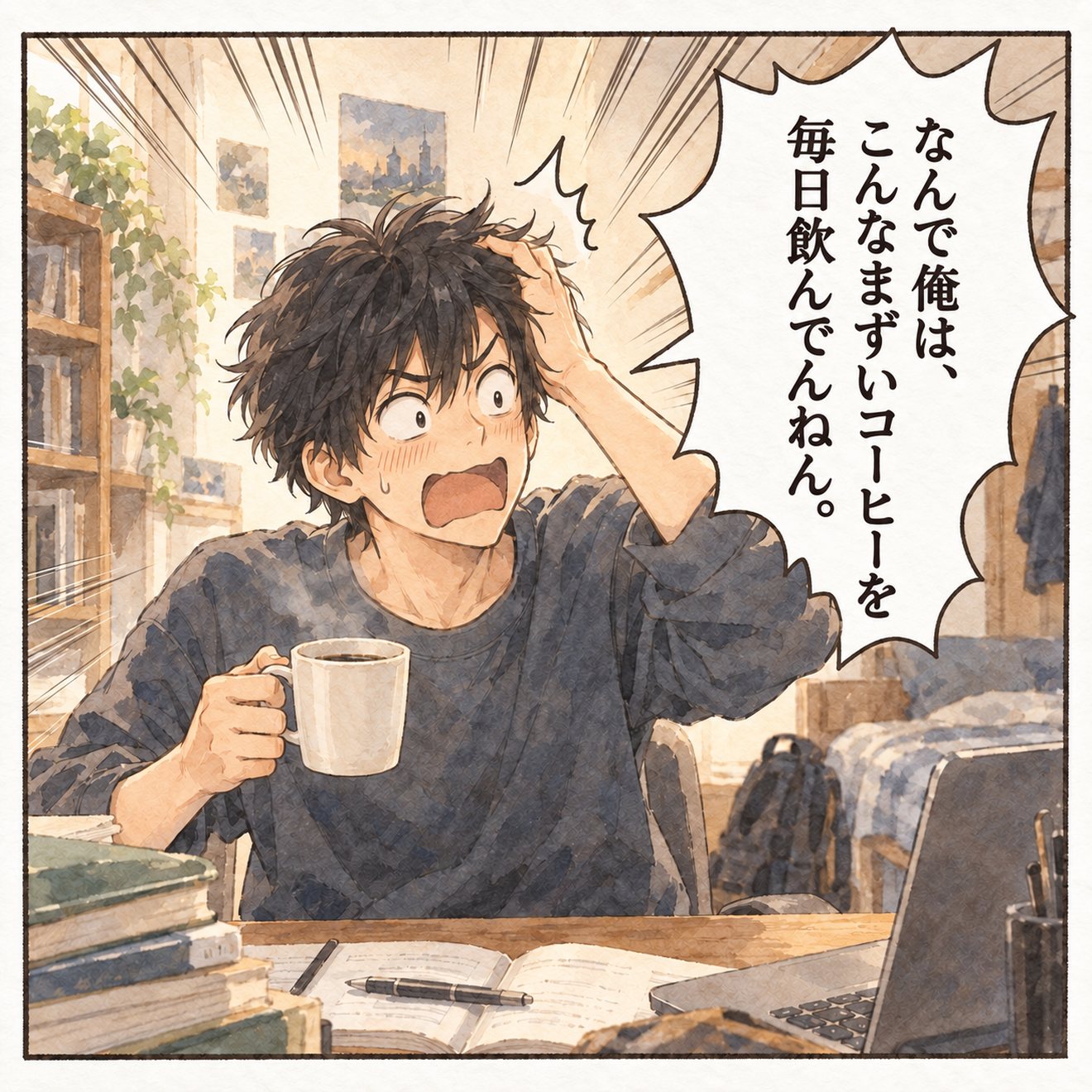 インスタントコーヒーを片手に自分にツッコミを入れる大学生のマンガ風イラスト