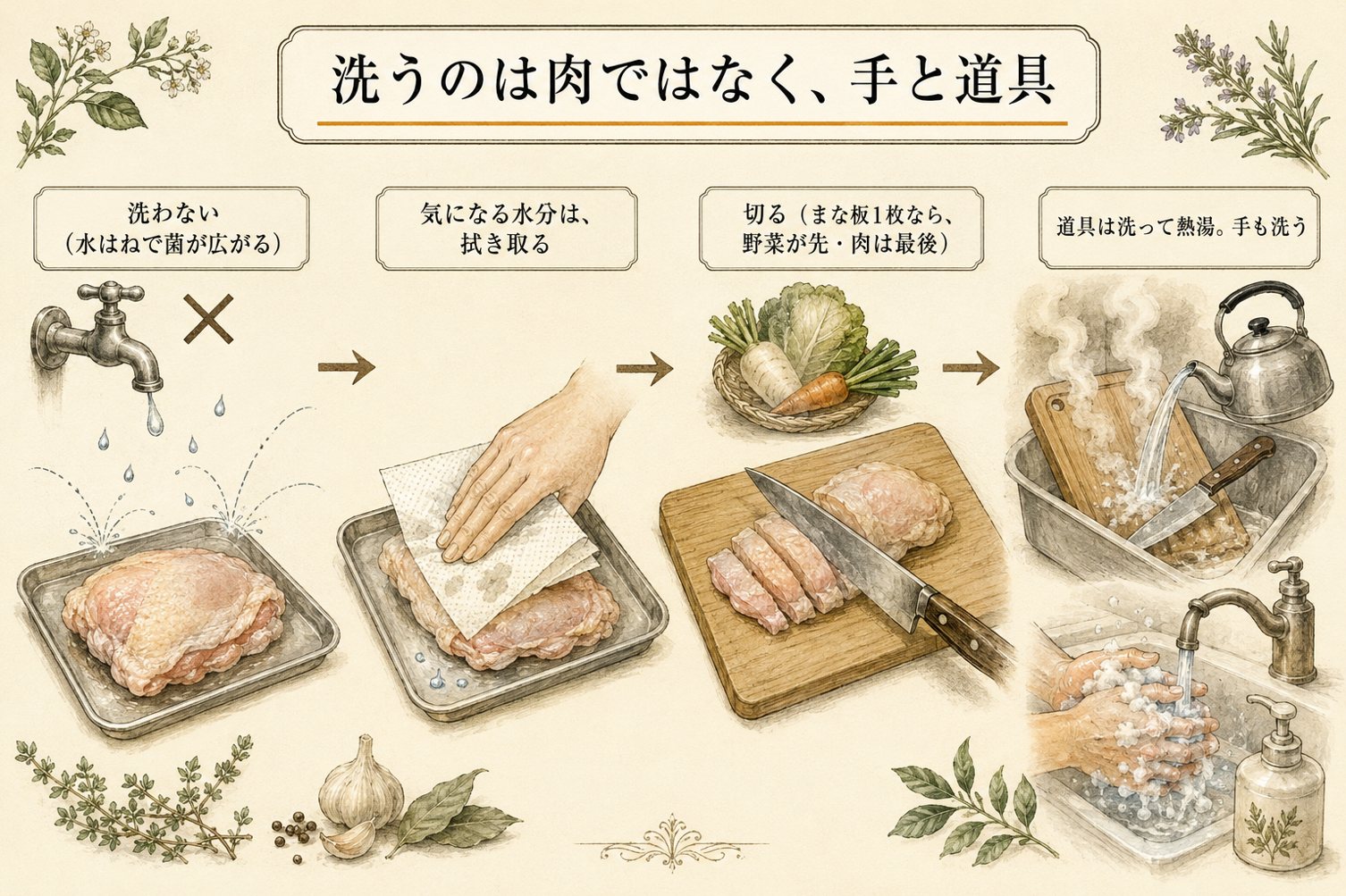 洗うのは肉ではなく、手と道具(図解)