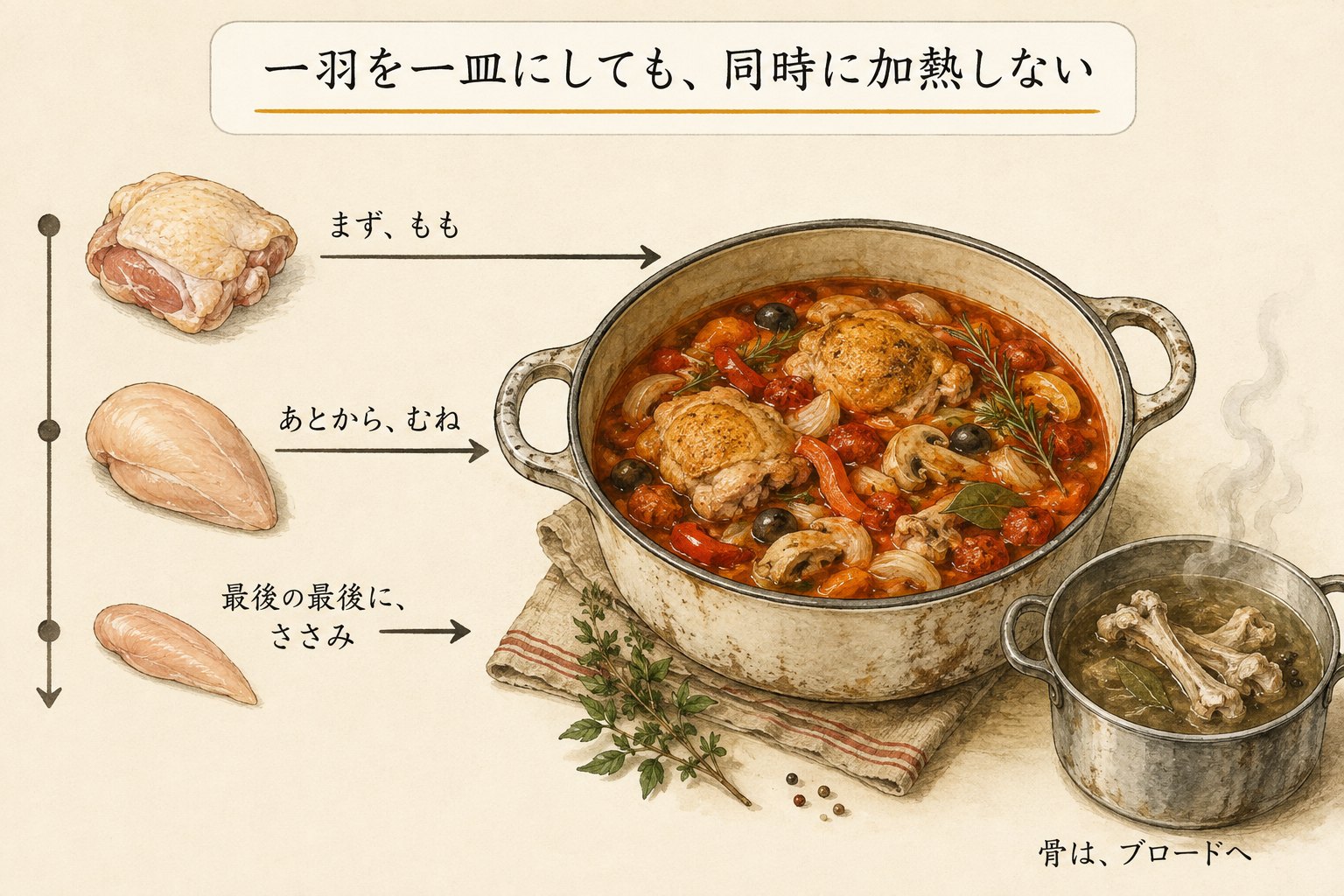 一羽を一皿にしても、同時に加熱しない(カチャトーラの図解)