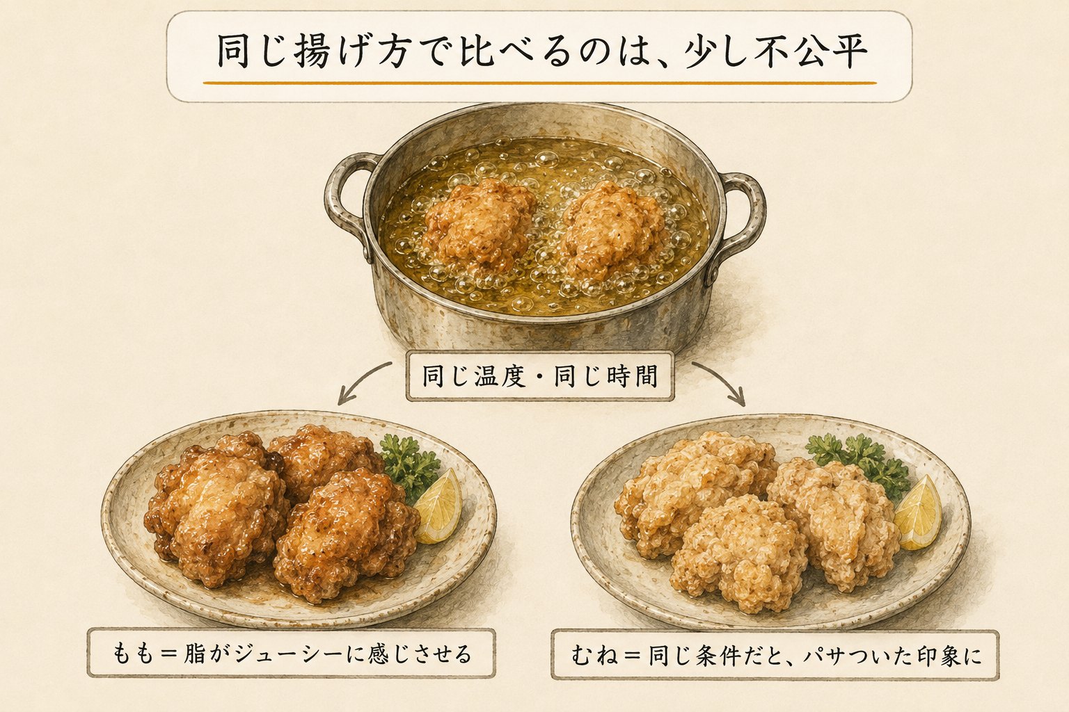 同じ揚げ方で比べるのは少し不公平(唐揚げの図解)