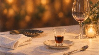 白いテーブルクロスの上、小皿にのせた小さなグラスのコーヒーと、ワイングラスとキャンドルの水彩イラスト