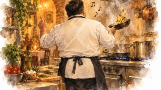 歌いながらフライパンを振るシェフの後ろ姿の水彩イラスト