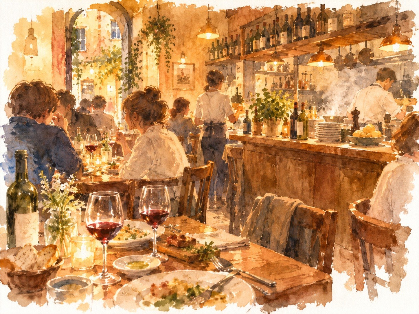 賑やかなイタリアンレストラン店内の水彩イラスト