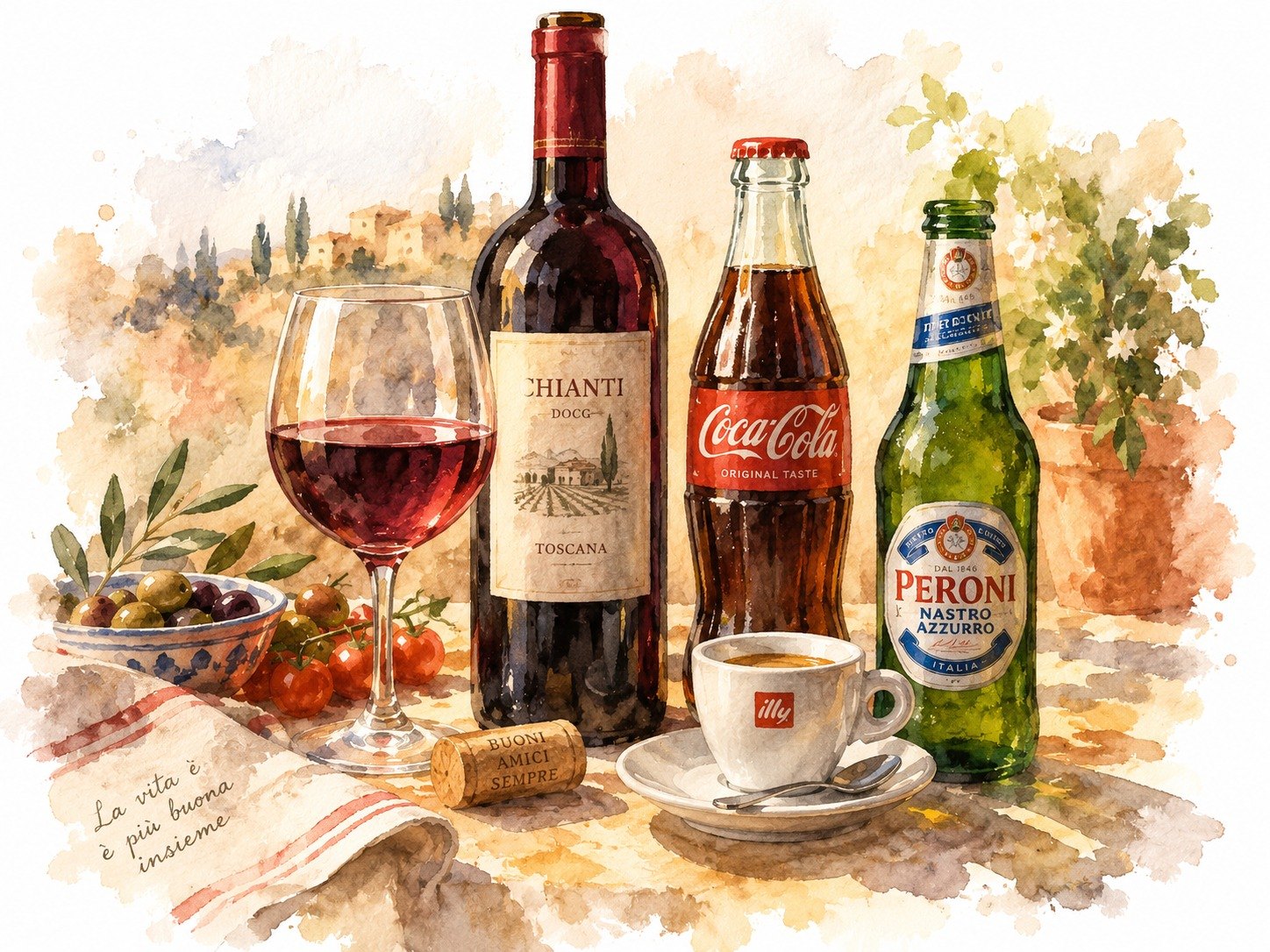 赤ワインとコーラとビールとエスプレッソのテーブルの水彩イラスト