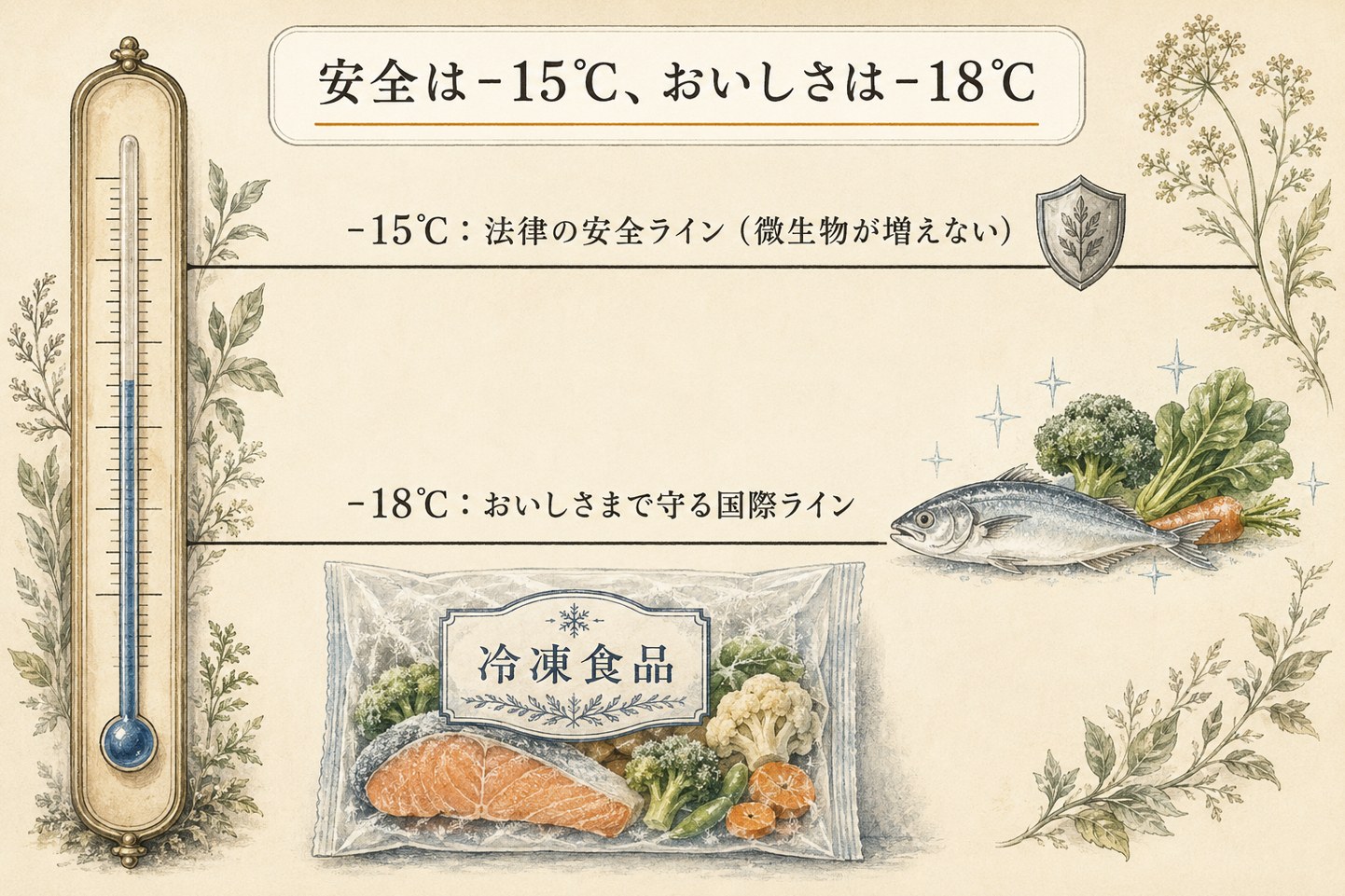 安全は-15℃、おいしさは-18℃(二段構えの図解)