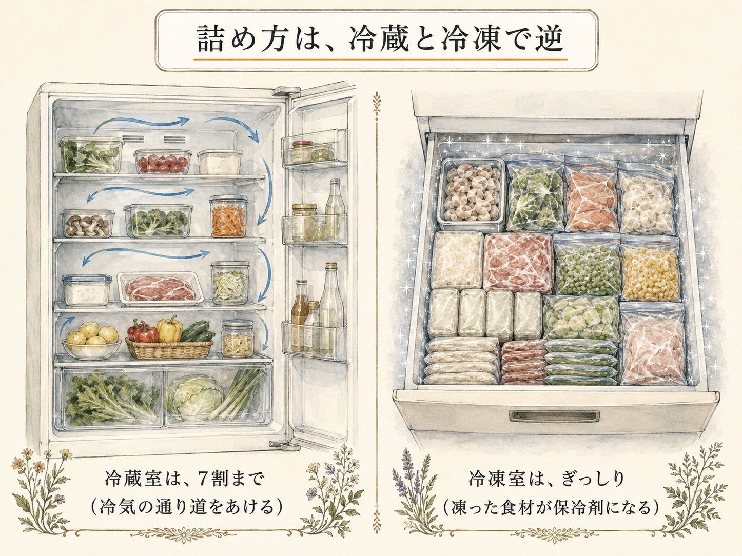 詰め方は、冷蔵と冷凍で逆(図解)