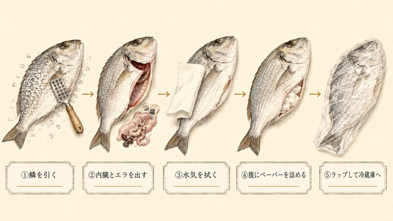 丸魚の最低限の下処理5ステップ。鱗を引く、内臓とエラを出す、水気を拭く、腹にペーパーを詰める、ラップして冷蔵庫へ