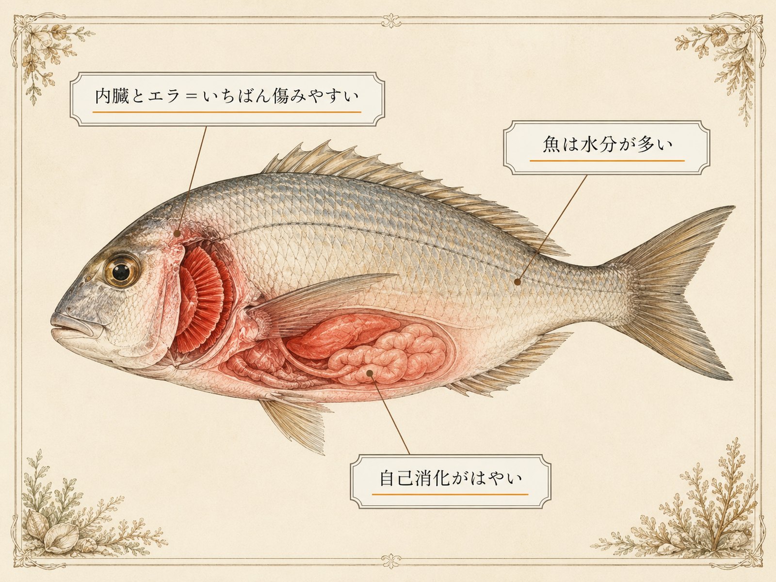 魚が傷みやすい理由の図解。内臓とエラがいちばん傷みやすく、水分が多く、自己消化がはやい