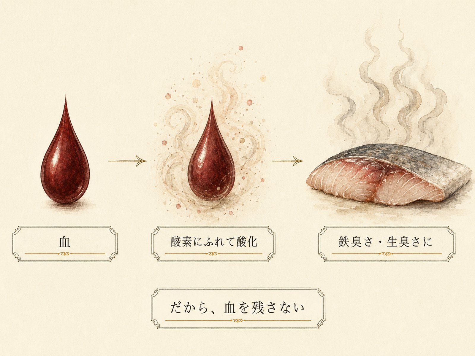 血が酸素にふれて酸化し、鉄臭さ・生臭さになる流れの図解