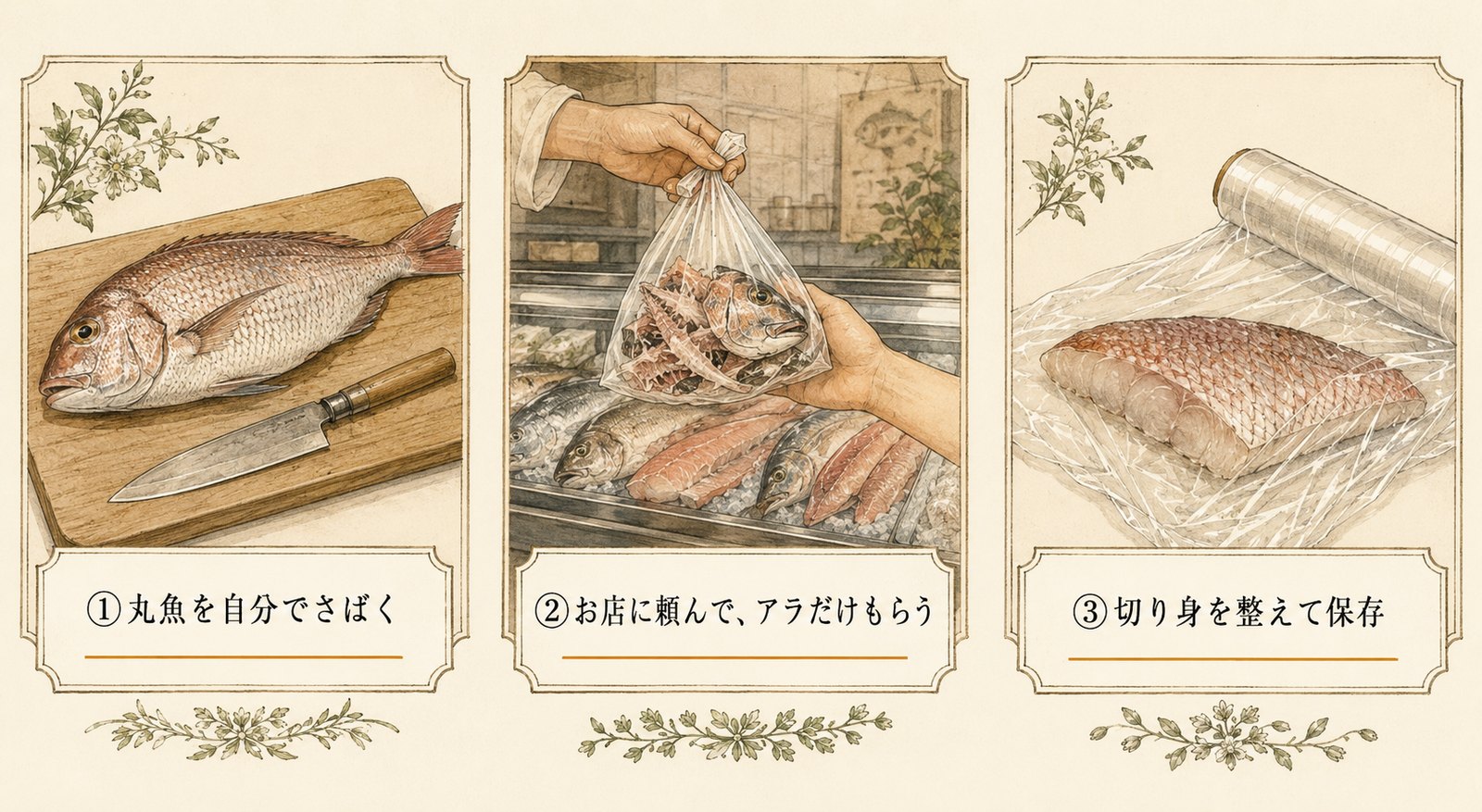 家庭の3つの選択肢。丸魚を自分でさばく、お店に頼んでアラだけもらう、切り身を整えて保存