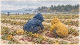 雨の降る秋の砂の畑で、青と黄色のカッパを着た二人の男の子が、しゃがんで素手でサツマイモを掘っている。奥では、傘をさした人たちが帰っていく水彩