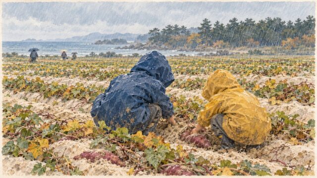 雨の降る秋の砂の畑で、青と黄色のカッパを着た二人の男の子が、しゃがんで素手でサツマイモを掘っている。奥では、傘をさした人たちが帰っていく水彩
