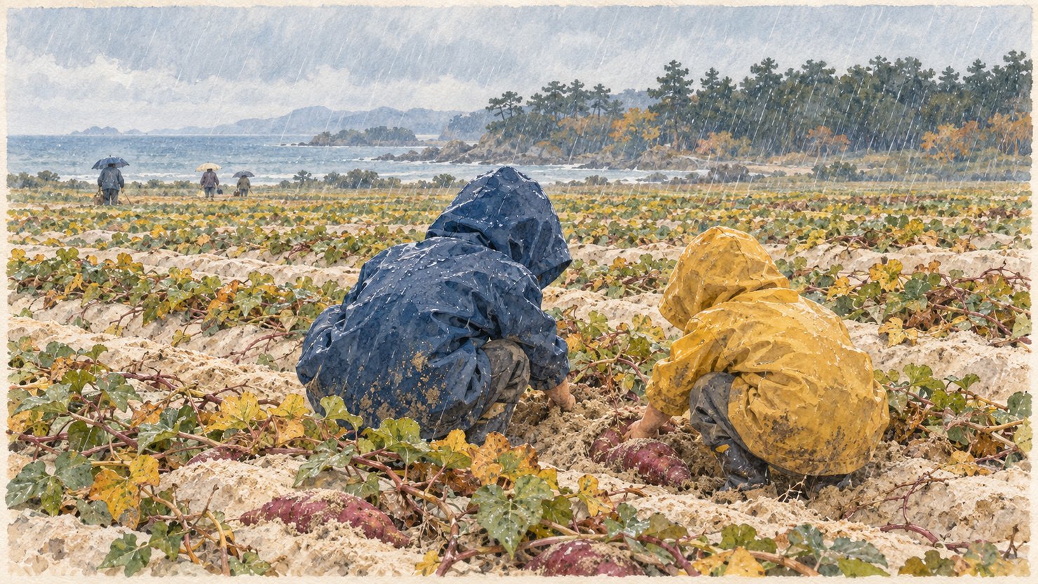 雨の降る秋の砂の畑で、青と黄色のカッパを着た二人の男の子が、しゃがんで素手でサツマイモを掘っている。奥では、傘をさした人たちが帰っていく水彩
