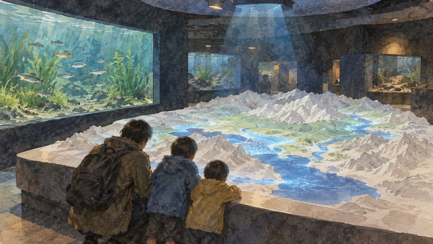 水族館の入口のホールで、白い立体地形模型に上から光の映像が映り、昔の海が青く広がっている。大人ひとりと子どもふたりが、うしろからのぞきこんでいる水彩