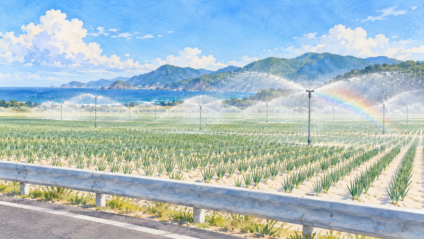 鳥取の国道沿いのらっきょう畑。白っぽい砂の畑に細い葉が並び、背の高いスプリンクラーが水をまいている水彩