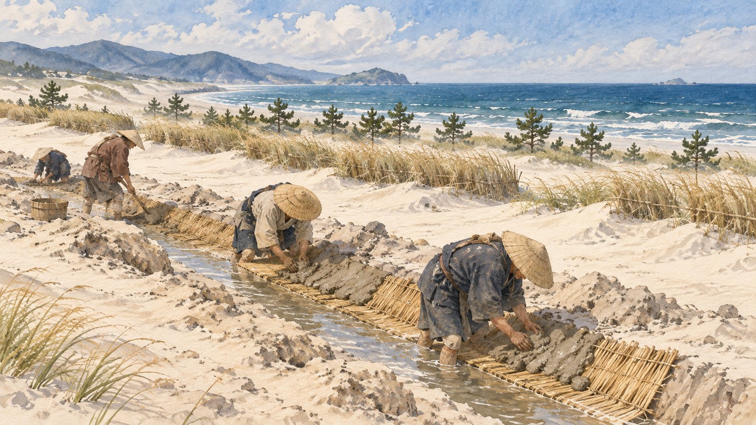 江戸時代の砂地で、人びとが水路の底にむしろを敷き、粘土で固めている。奥では砂山の陰に草と松の苗木が植えられている水彩