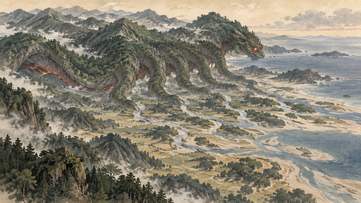森におおわれた山脈がそのまま大蛇の胴体になり、赤い目を光らせ、腹の裂け目から溶岩がのぞいている。八本の首は山から下って平野を流れる川の筋になり、砂の川原を分かれて海へ向かう水彩