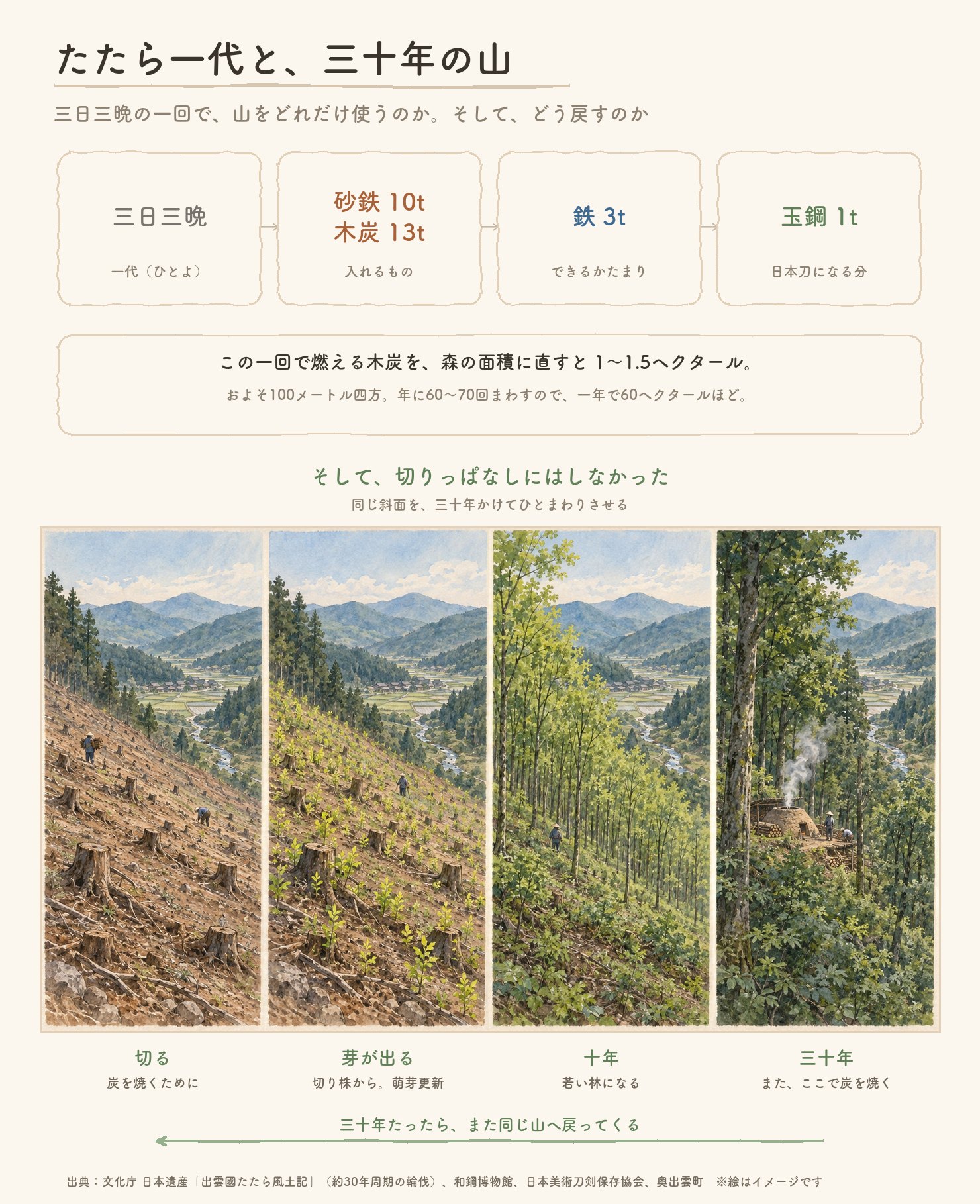 たたら一代の数字と、三十年の輪伐の図。砂鉄10トンと木炭13トンから鉄3トン、玉鋼1トン。木炭に必要な山は1〜1.5ヘクタール。同じ斜面を、切ったばかり・切り株から芽が出た・十年の若い林・三十年でまた炭を焼く、の四つの水彩で並べた