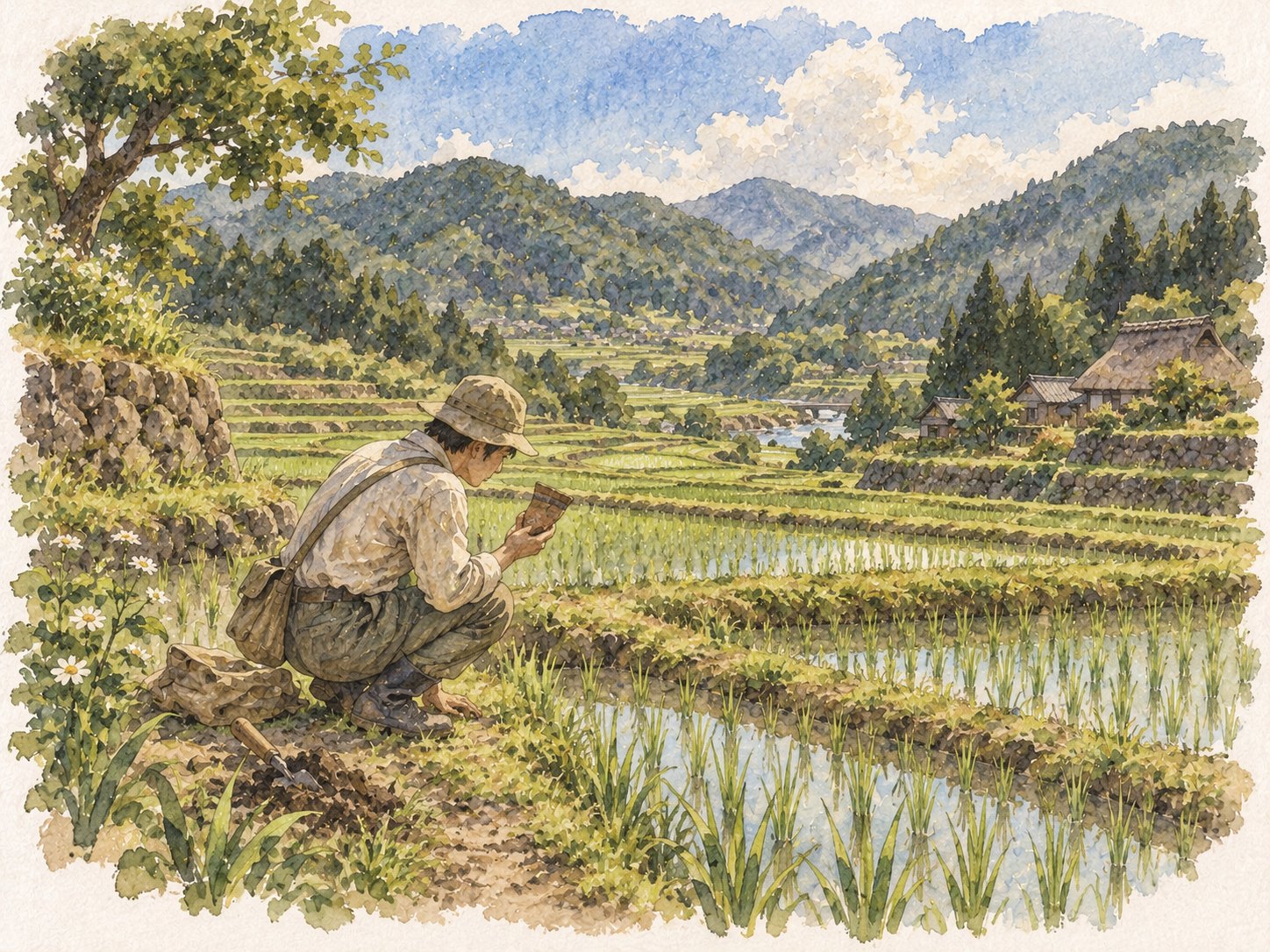 棚田の畦道でしゃがんで土器のかけらを見つめる調査員の水彩イラスト
