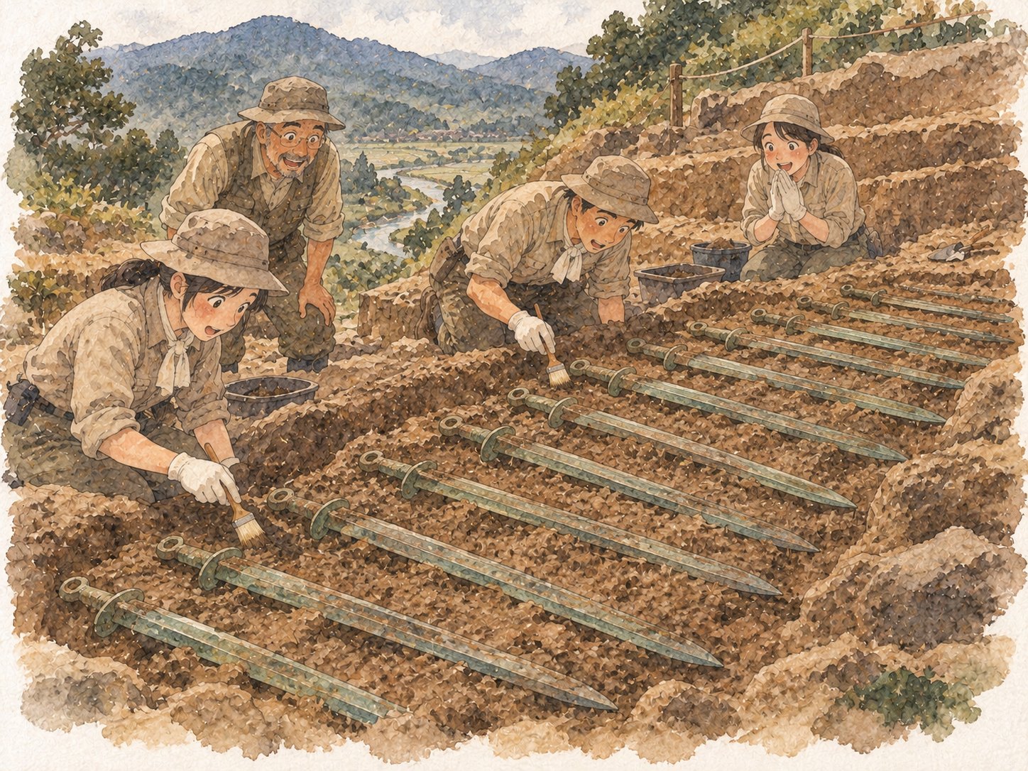 谷の斜面に整然と並んだ銅剣を驚きながら発掘する調査員たちの水彩イラスト