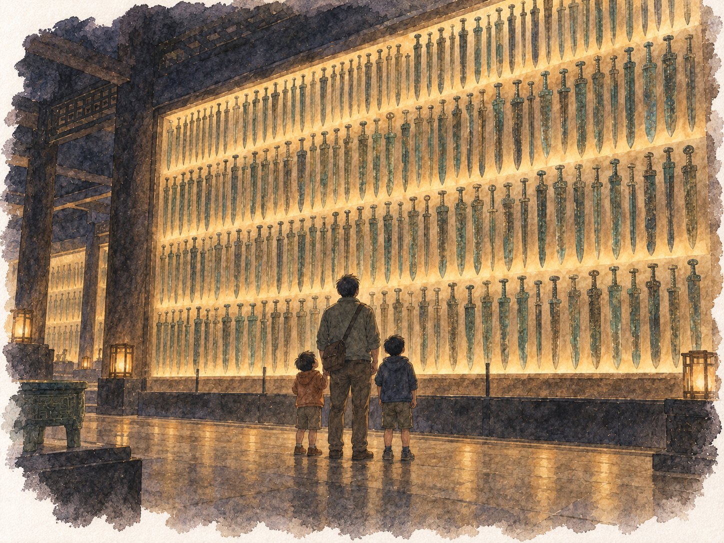 博物館の壁一面に並ぶ銅剣を見上げる父と息子ふたりの後ろ姿の水彩イラスト