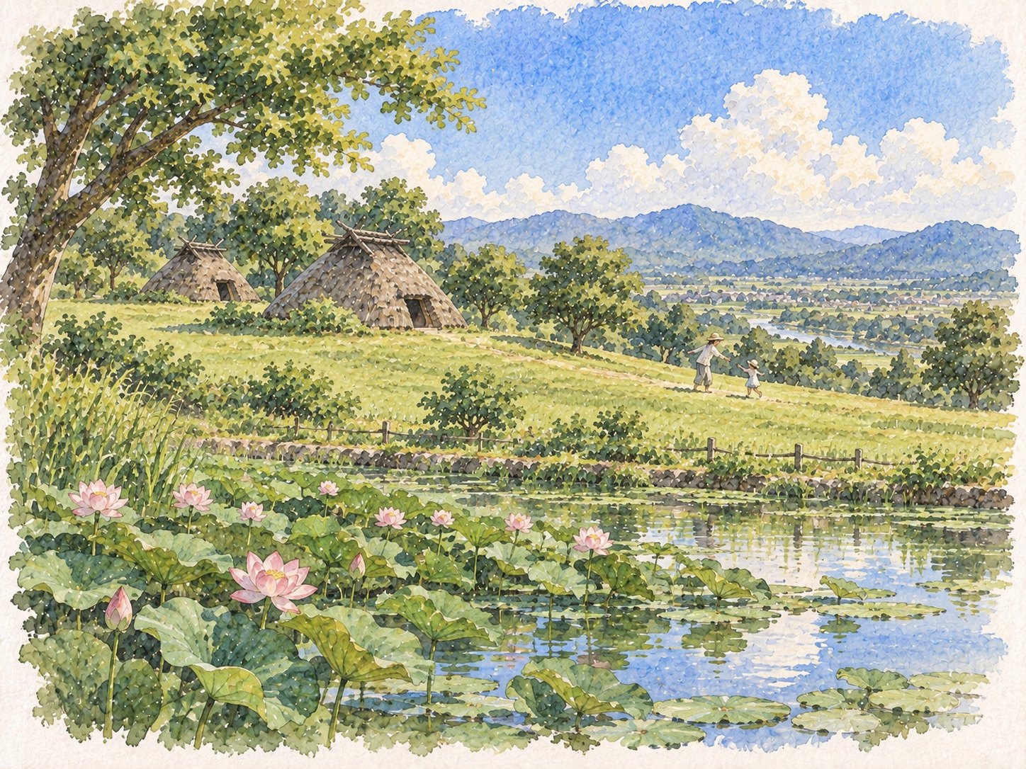 芝生の丘に竪穴住居が建ち蓮池が広がる史跡公園の水彩イラスト