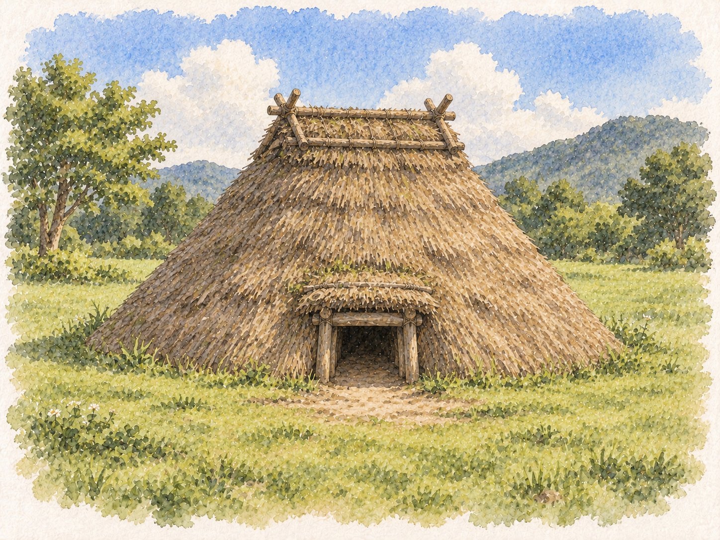 低い入口が特徴の竪穴住居の外観の水彩イラスト