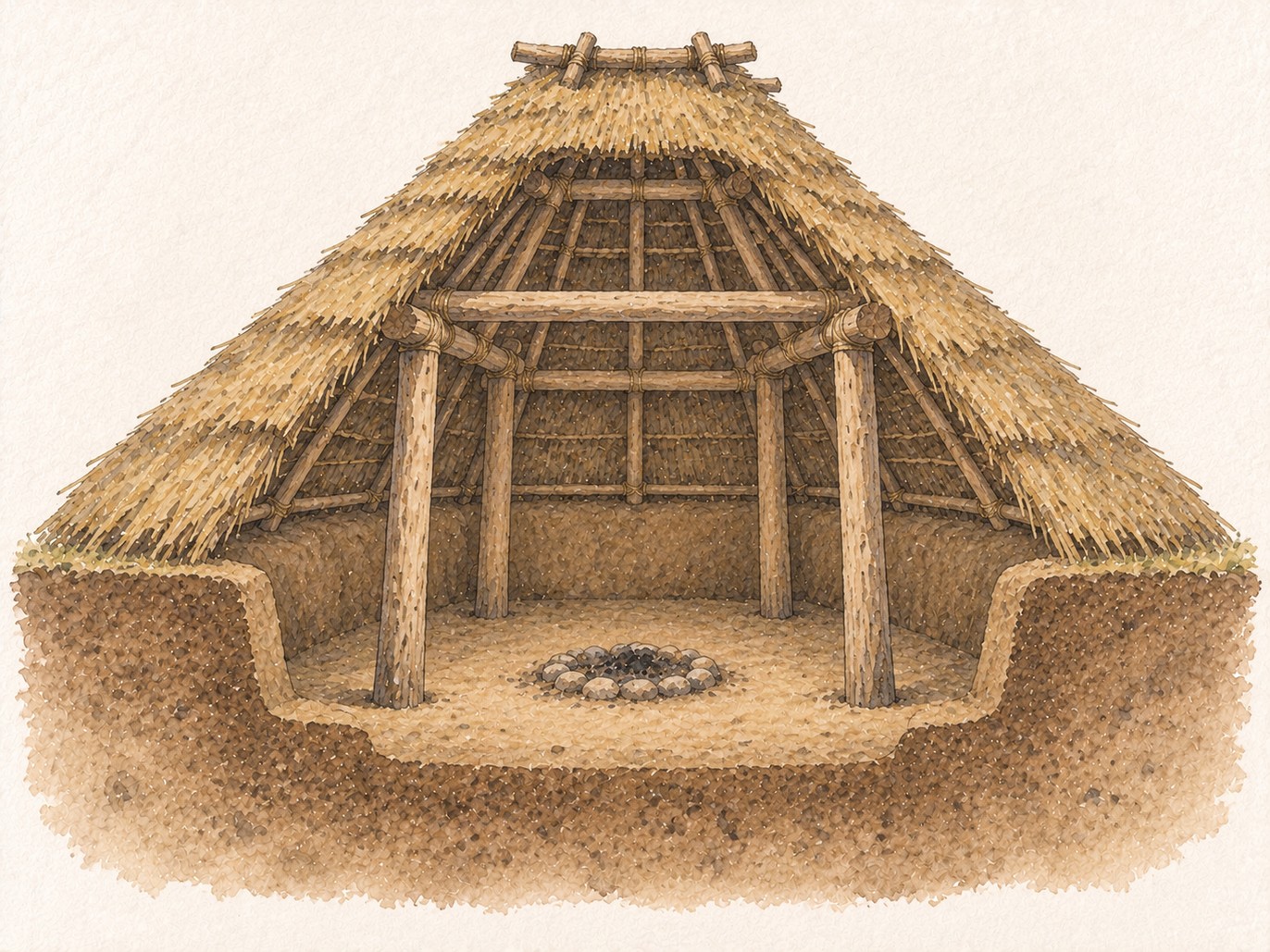 掘り下げた床と4本の柱と茅葺き屋根が分かる竪穴住居の断面図の水彩イラスト