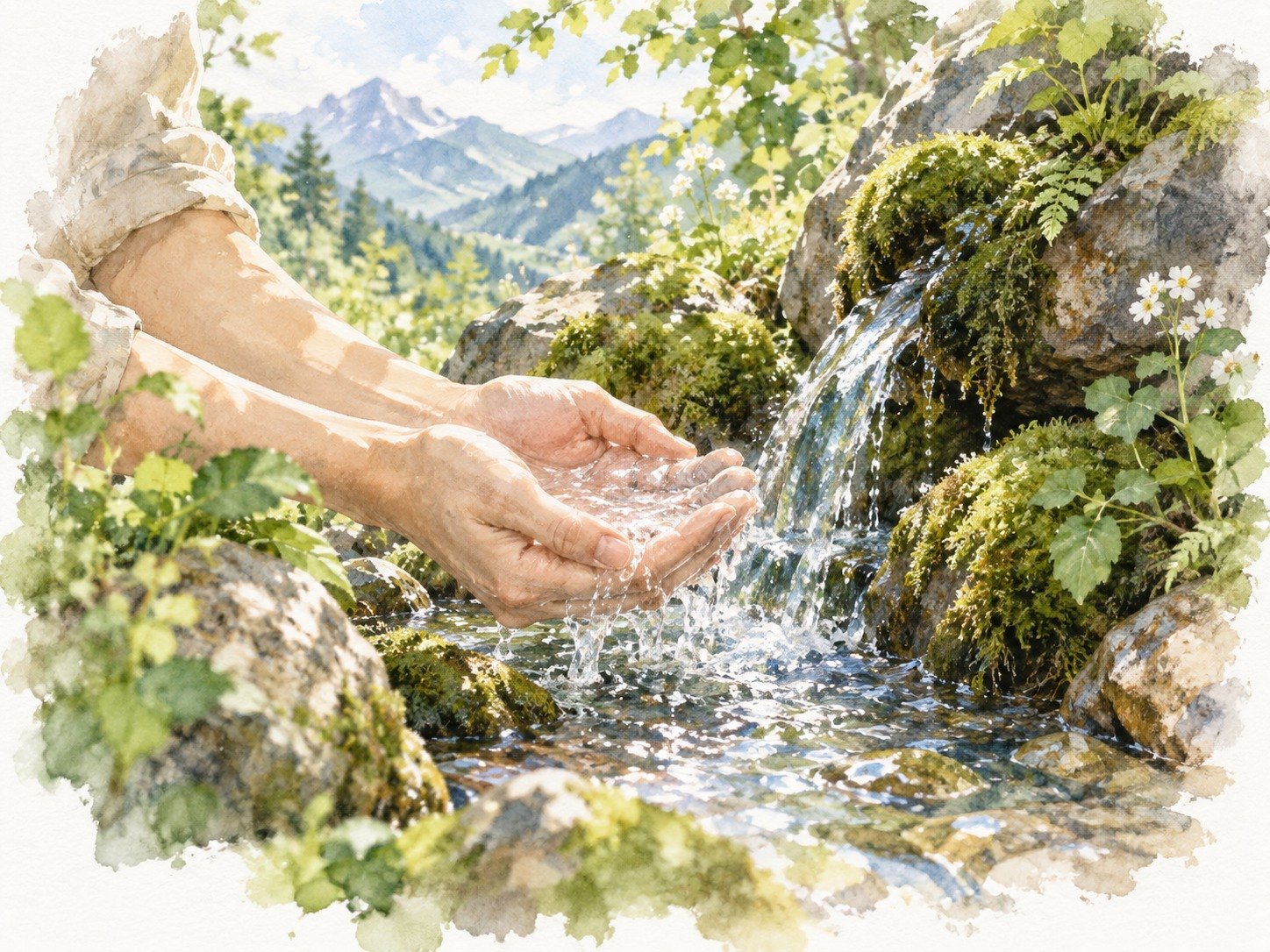山の源流で水をすくう手の水彩イラスト