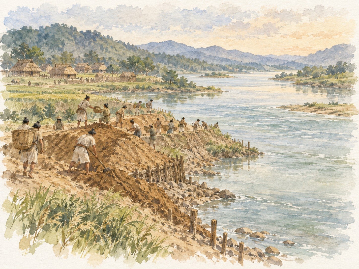 古代の人々が川辺で堤を築く水彩イラスト