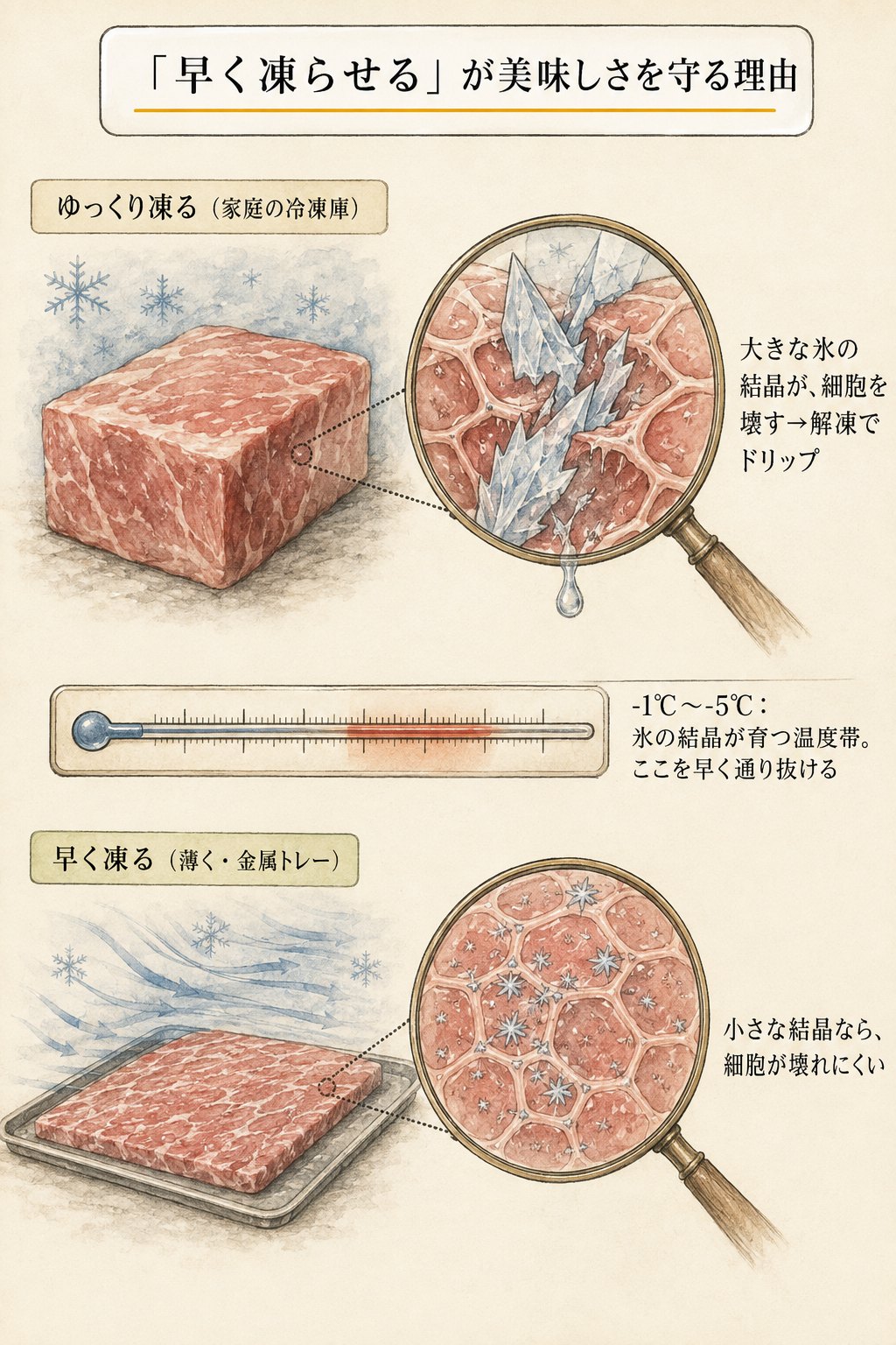 早く凍らせるが美味しさを守る理由（氷結晶の図解）