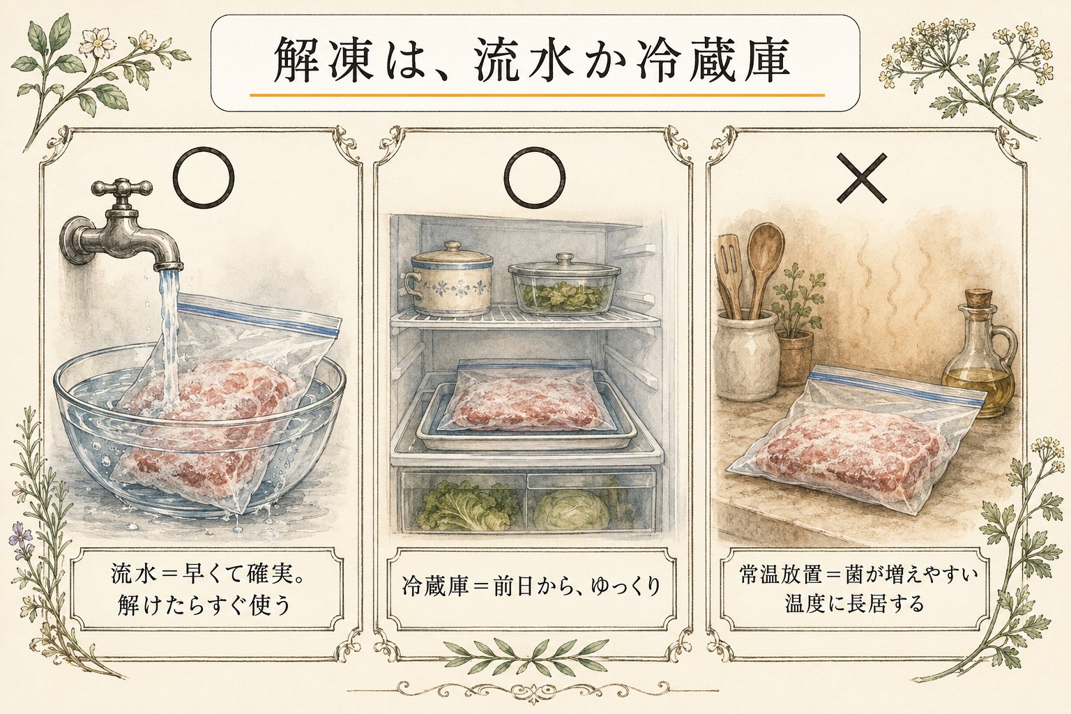 解凍は流水か冷蔵庫（図解）
